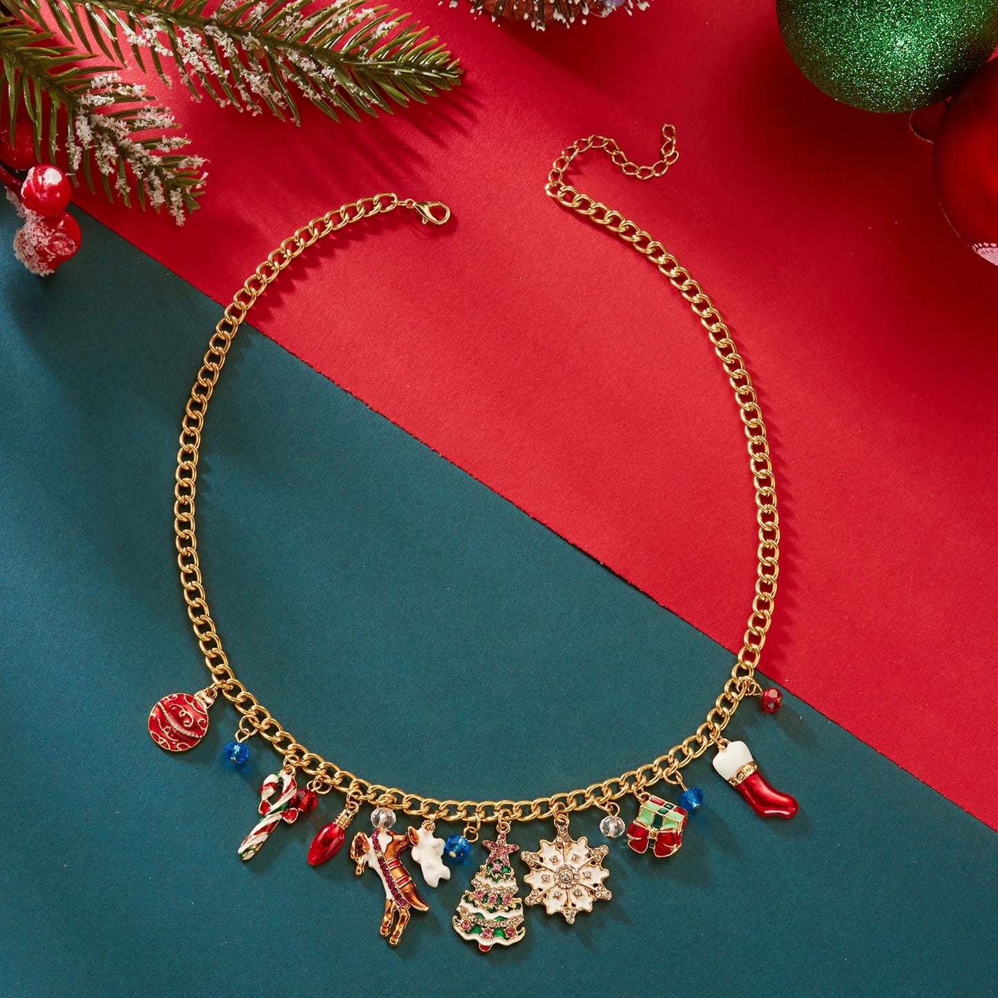 Trendy Christmas Tree Bell Snowflake Pendant Necklaces for Women Cartoon Elk Snowman Charm Bracelets Festival Party Jewelry Sets