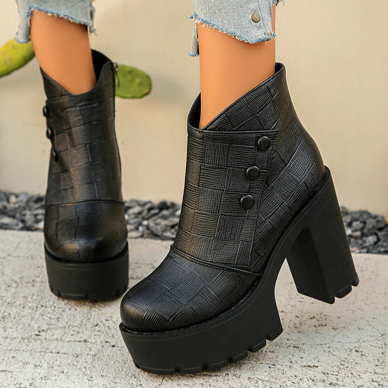 Fashion Black High Heels Ankle Boots Women Plus Size 42 Chunky Platform Short Booties Mujer Pu Leather Thick Heeled Boots Woman