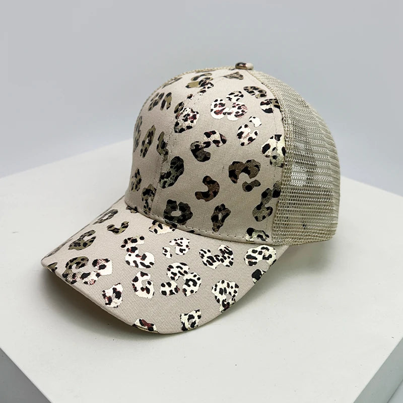 New Women Bronzing Leopard Print Criss Cross Tail Baseball Hats Mesh Breathable Sunshade Versatile Trucker caps Fashion Washed