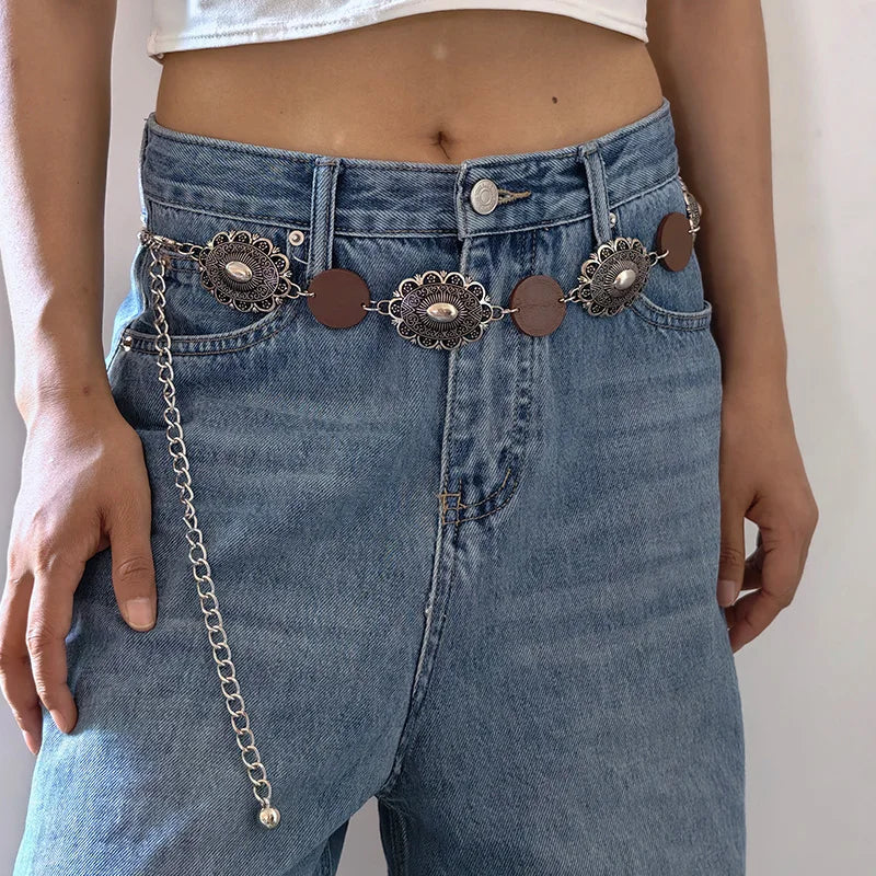High Quality Metal Women's Waist Chain Gold Durable Retro Western Cowboy Adjustable Carved Chain Belt Jeans Metal Waistband
