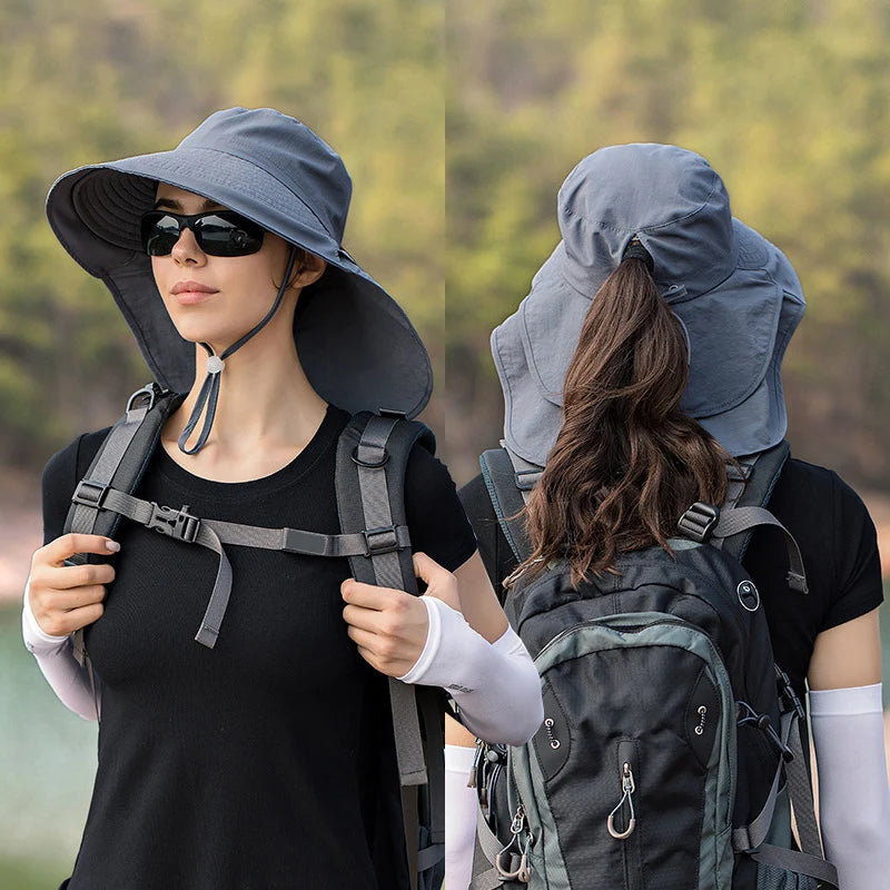 Xinbaoguan 100% polyester summer outdoor sunshade hat, horsetail hole folding face shading, women's fisherman hat