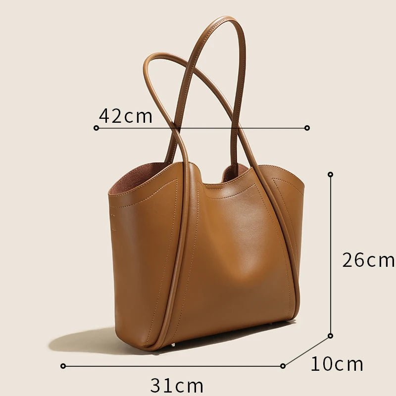 Women's Genuine Leather Solid Color Tote Bag Large Capacity Shoulder Bag for Daily Life Trendy Versatile All-match Commuting Bag