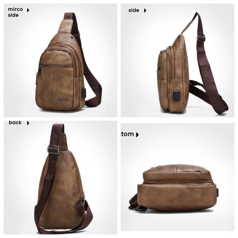 JEEP BULUO Men Crossbody Shoulder USB Sling Bag Fashion Leather Travel Bags