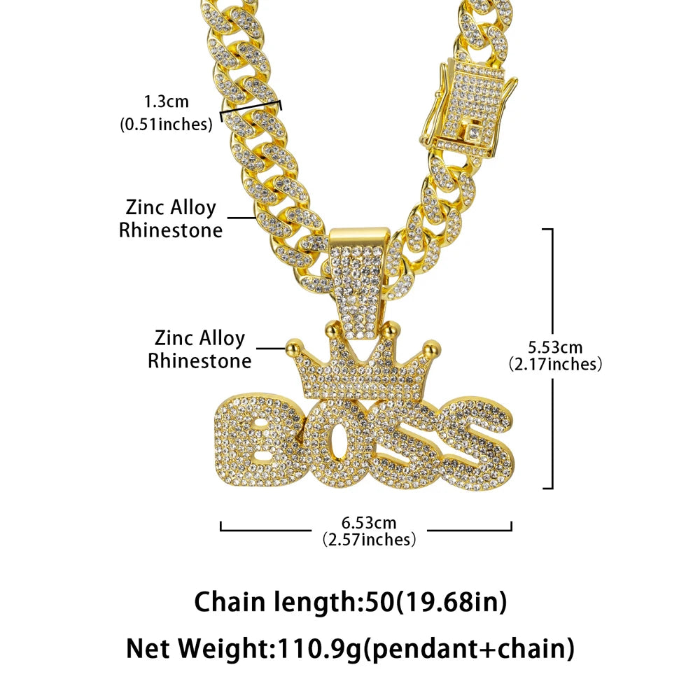 Men's Cool Hip-hop Rhinestone Letter BOSS Pendant Necklace, For Men Fashion Iced Out Bling Zircon Cuban Thick Chain Punk Jewelry