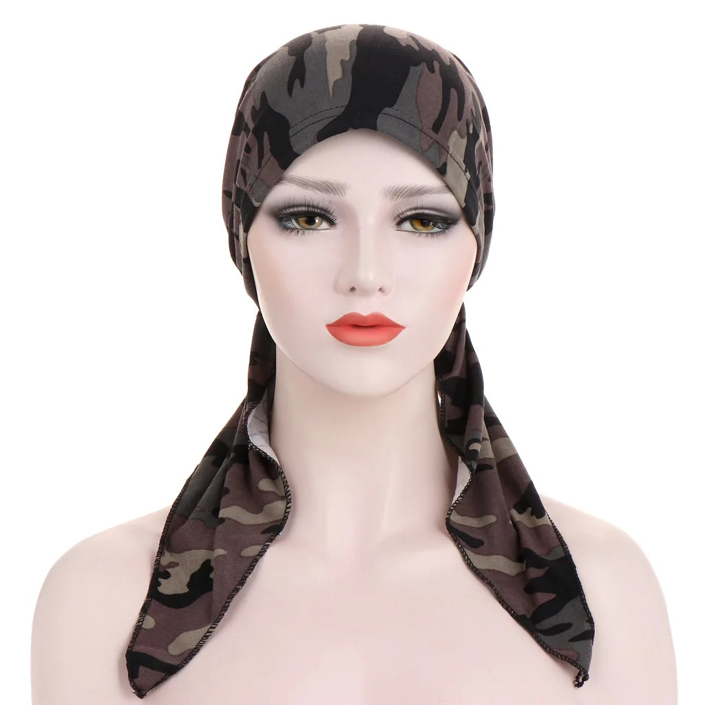 Trendy Print Women Muslim Hijab Caps Wrap Head Soft Elastic Long Tail Turban Bonnet Fashion Headdress Wearable