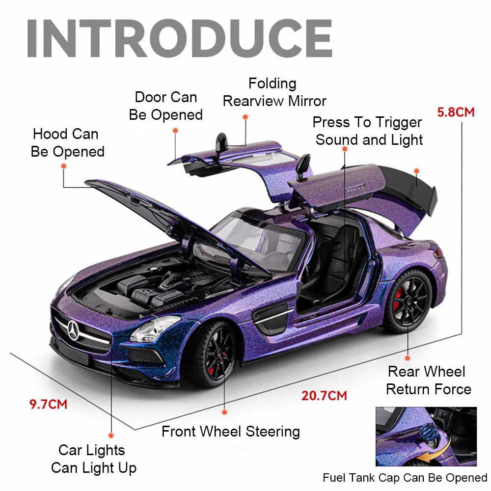 1:24 ONE SLS Alloy Sportscar Toys Model Diecast Vehice Sound Light Pull Back Doors Opened Rubber Tires for Kids Christmas Gifts