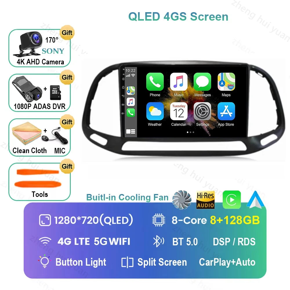 For Fiat Doblo 2015 - 2018 2019 2020 Android 16 GPS WIFI 4G Carplay&Auto Car Radio Navigation QLED Multimedia Stereo Player BT
