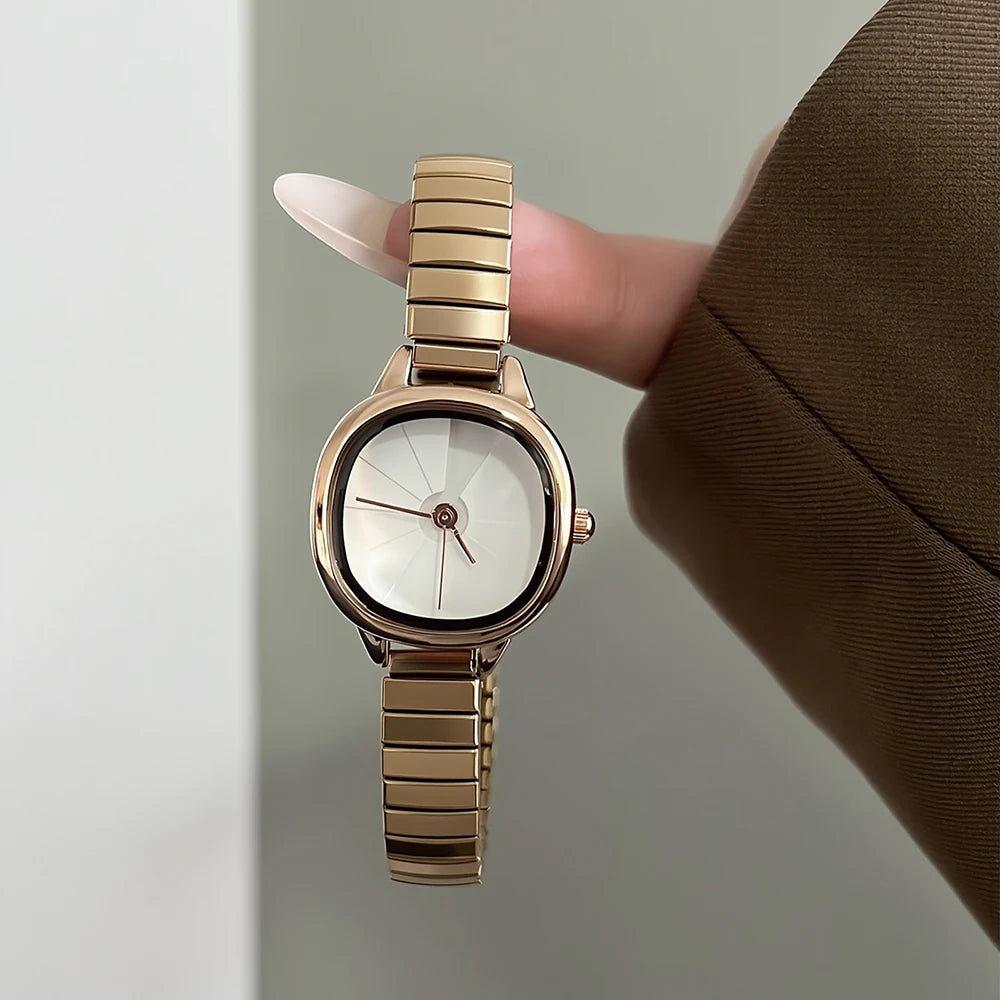 GEDI Small Vintage Watch Woman Square Buckle-Free Stretch Steel Strap Quartz Ladies Watches Luxury Niche Minimalist Watch