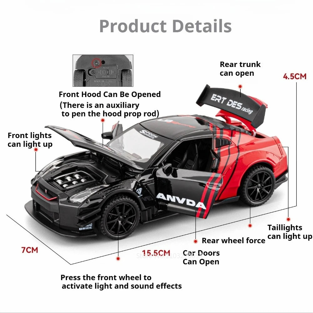 1:32 Scale GTR R50 Miniature Sports Car Alloy Diecast Model Toys Doors Opened with Sound Light Pull Back Vehices Children's Gift