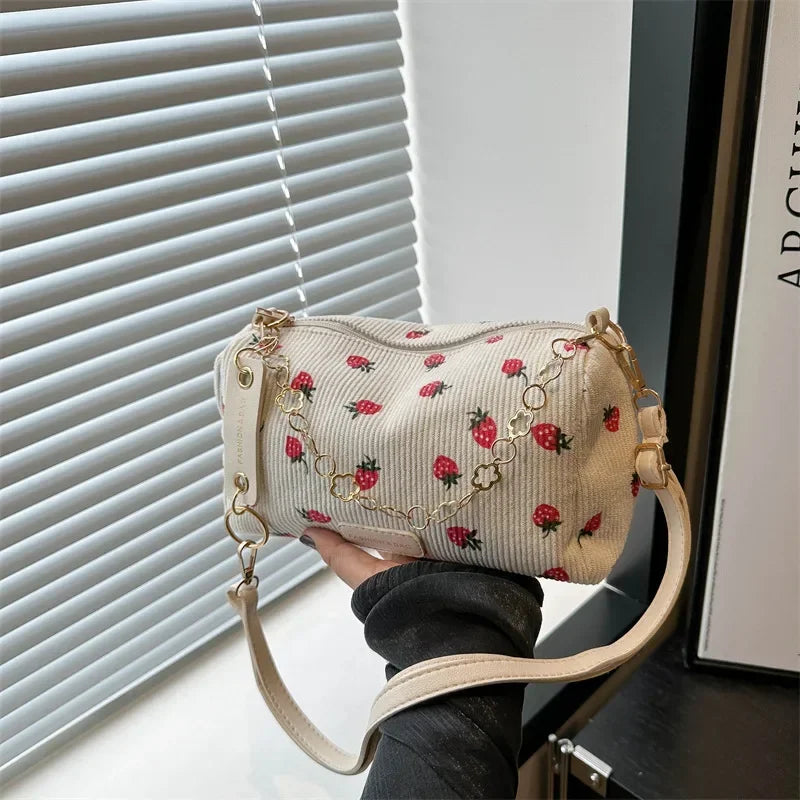 Cute Strawberry Print Mini Underarm Bag Small Fresh Corduroy Women Tote Handbag Casual Versatile Commuter Travel Shoulder Bag