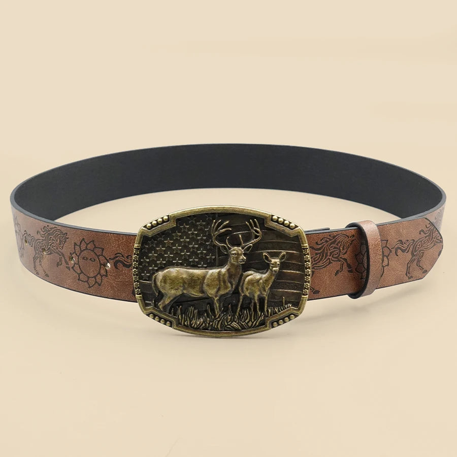Western Cowboy Street Style Belt - Animal Motif Carved Vintage Print for Daily Wear, Commute & Casual Outfits