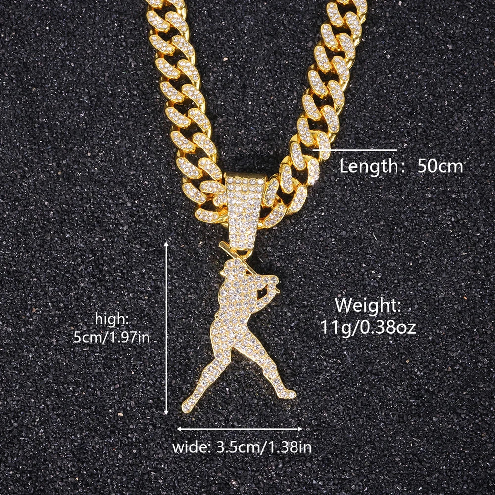 Hip Hop Baseball Pendant Fashion Sport Style Necklace with 13mm Cuban Chain Baseball Player Pendant Trendy Men's Party Jewelry