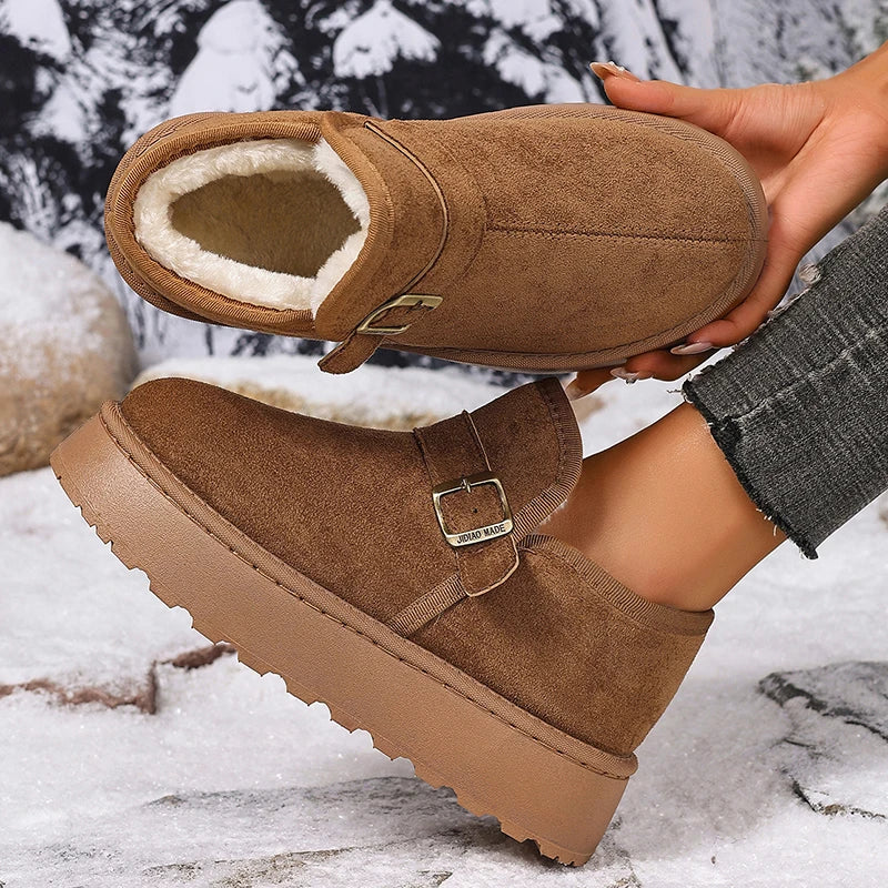 Buckle Decor Thick Bottom Winter Ankle Boots Women 2025 Faux Suede Platform Snow Boots Woman Slip On Short Plush Cotton Shoes