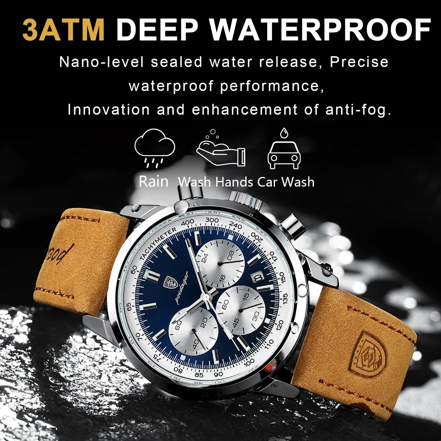 POEDAGAR Luxury Waterproof Chronograph Men' Silver Full Black Quartz Wristwatch