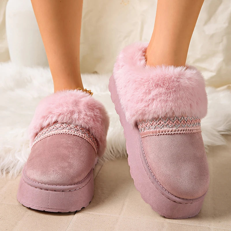 Fluffy Fur Platform Snow Boots Women Plus Size 42 Non Slip Fleece Inside Warm Winter Boots Woman Thick Sole Long Plush Slippers