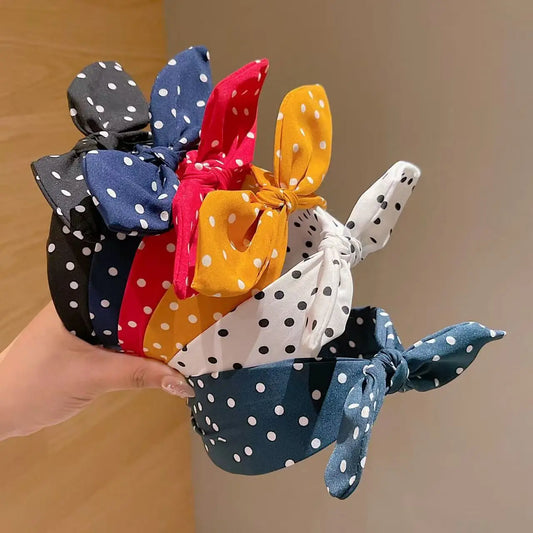 Solid Color Fabric Polka Dot Bow Headband for Woman Elegant Temperament Wide Headband Fashion Girl's Makeup Hairband