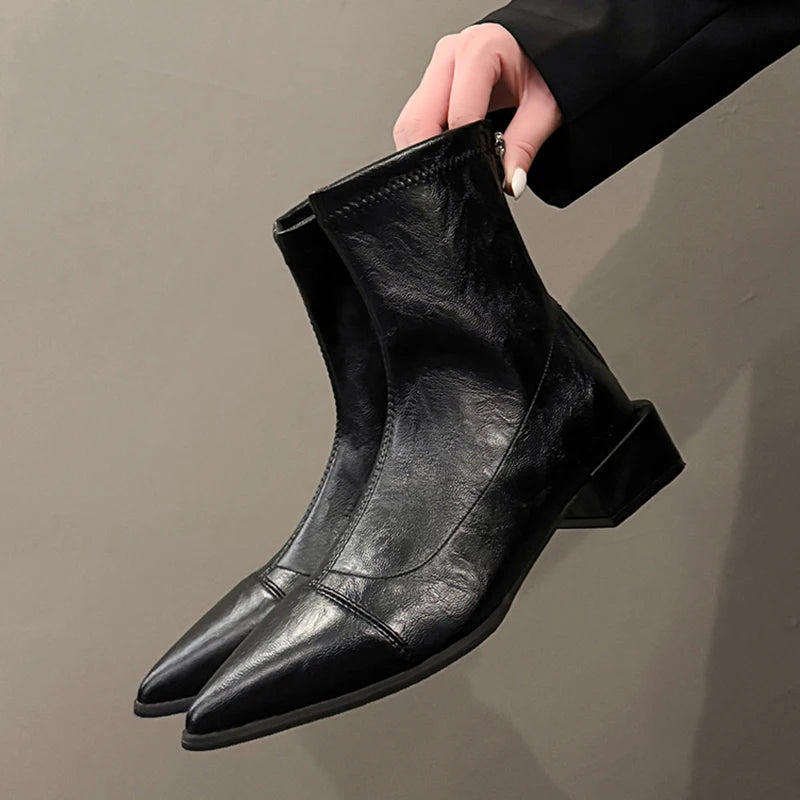 Brand Design Pointed Toe Ankle Boots Women Fashion Thick Heels Pu Leather Boots Woman Plus Size Zipper Block Heel Short Booties