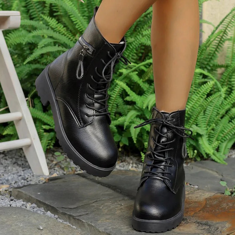 Black Pu Leather Modern Boots for Women Autumn Winter Lace Up Platform Ankle Boots Woman Zipper Short Plush Booties Female