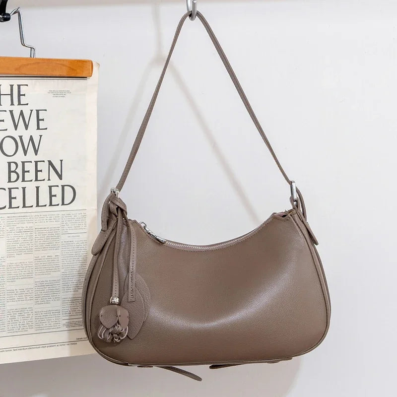 Genuine Cowhide Leather Slouchy Hobo Shoulder Bag for Women Pebbled Leather Crossbody Bag with Tassel Charm Luxury Designer Bag