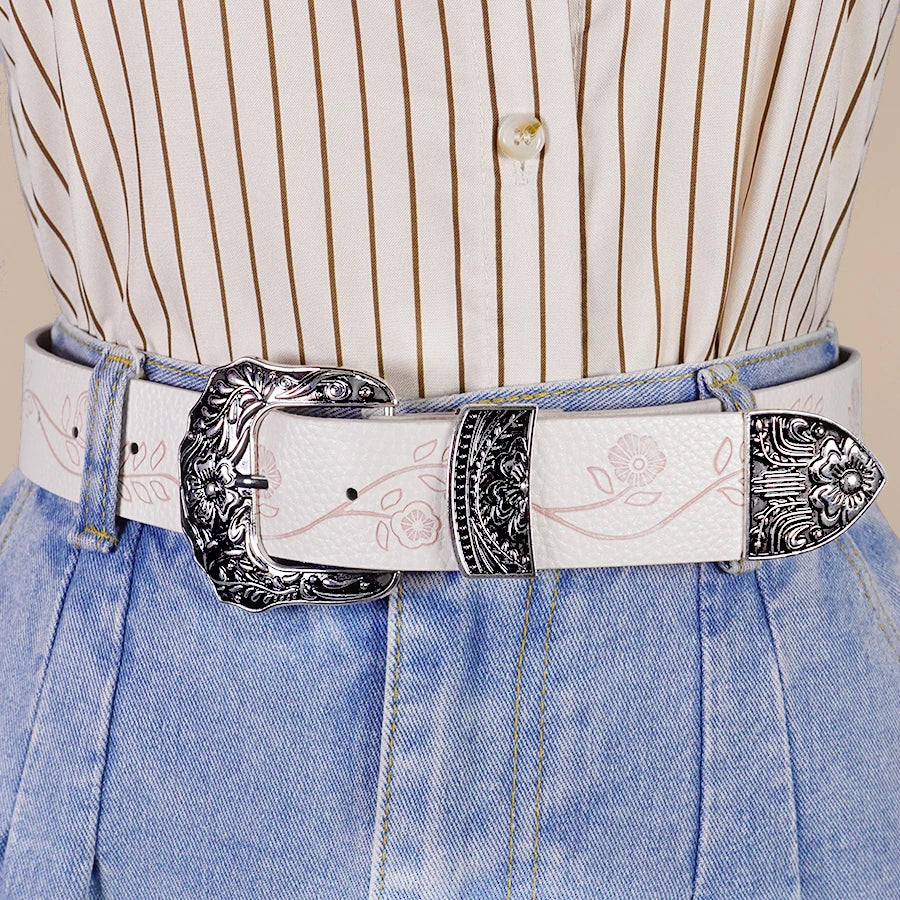 Bohemian Vintage Carved Women's Belt - Floral Print Fashion Waistband for Casual Wear, Dates & Leisure Outfits