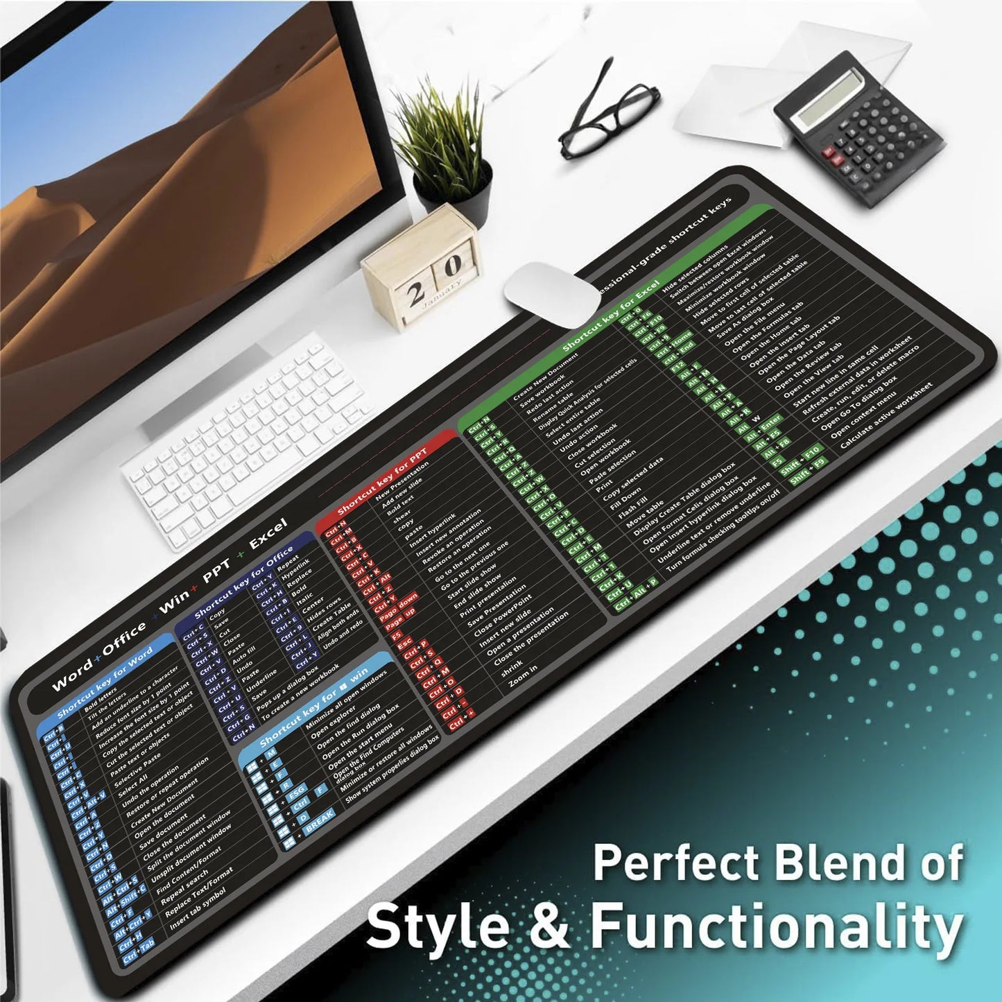 Excel Shortcuts Mouse Pad ,Large Keyboard Desk Pad for Excel Word Power point Desk Mat Stitched Edge Mouse Mat
