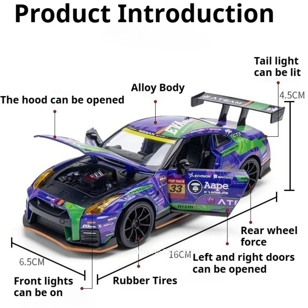 1:32 NISSAN GTR NISOM Car Toys Diecast Alloy Model Sound Light Pull Back Doors Opened Miniature Vehcies Children's Birthday Gift