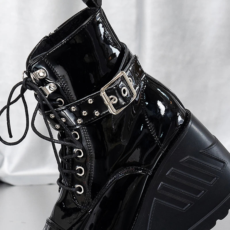 Punk Buckle Chunky Platform Ankle Boots Women Fashion Lace Up Wedges Goth Boots Woman Patent Leather Thick Sole Motorcycle Botas