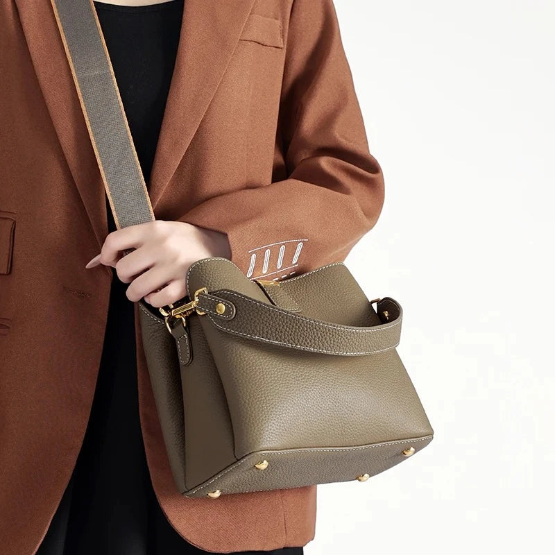 Genuine Cowhide Leather Bucket Bag for Women Luxury Designer Mini Top Handle Crossbody Shoulder Bag with Wide Strap Tote Bag