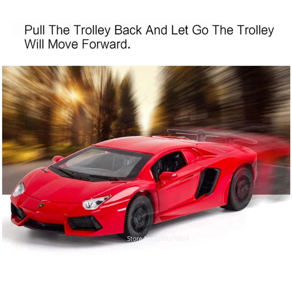 1/32 LP740 Sian Toys Model Car Diecast Alloy Sports Car Metal Body Rubber Tire Doors Opened Sound Light Pull Back Toy Kid Gifts
