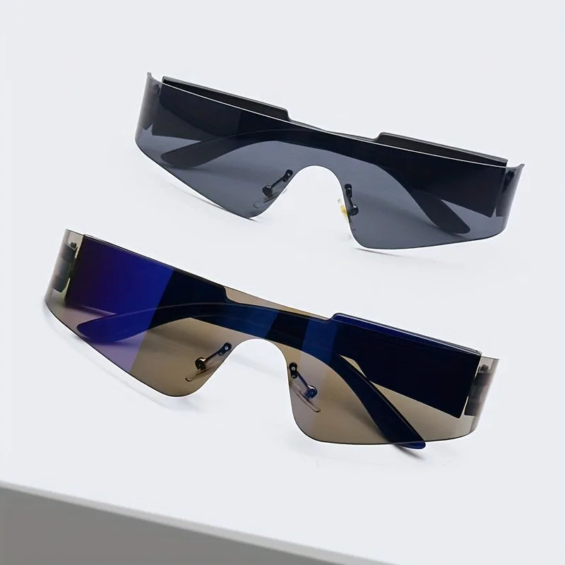 2pcs of Frameless Wrap-Around Glasses for Women Punk Style, Futuristic Tint Y2K Flat Top Iridescent Fashion Glasses for Men