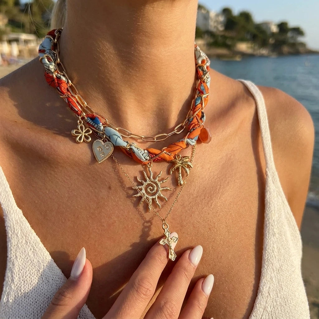 Resort Style Cross Sun Coconut Tree Multi Layer Pendant Necklace for Women Beach Boho Layered Chain Vacation Jewelry Gift