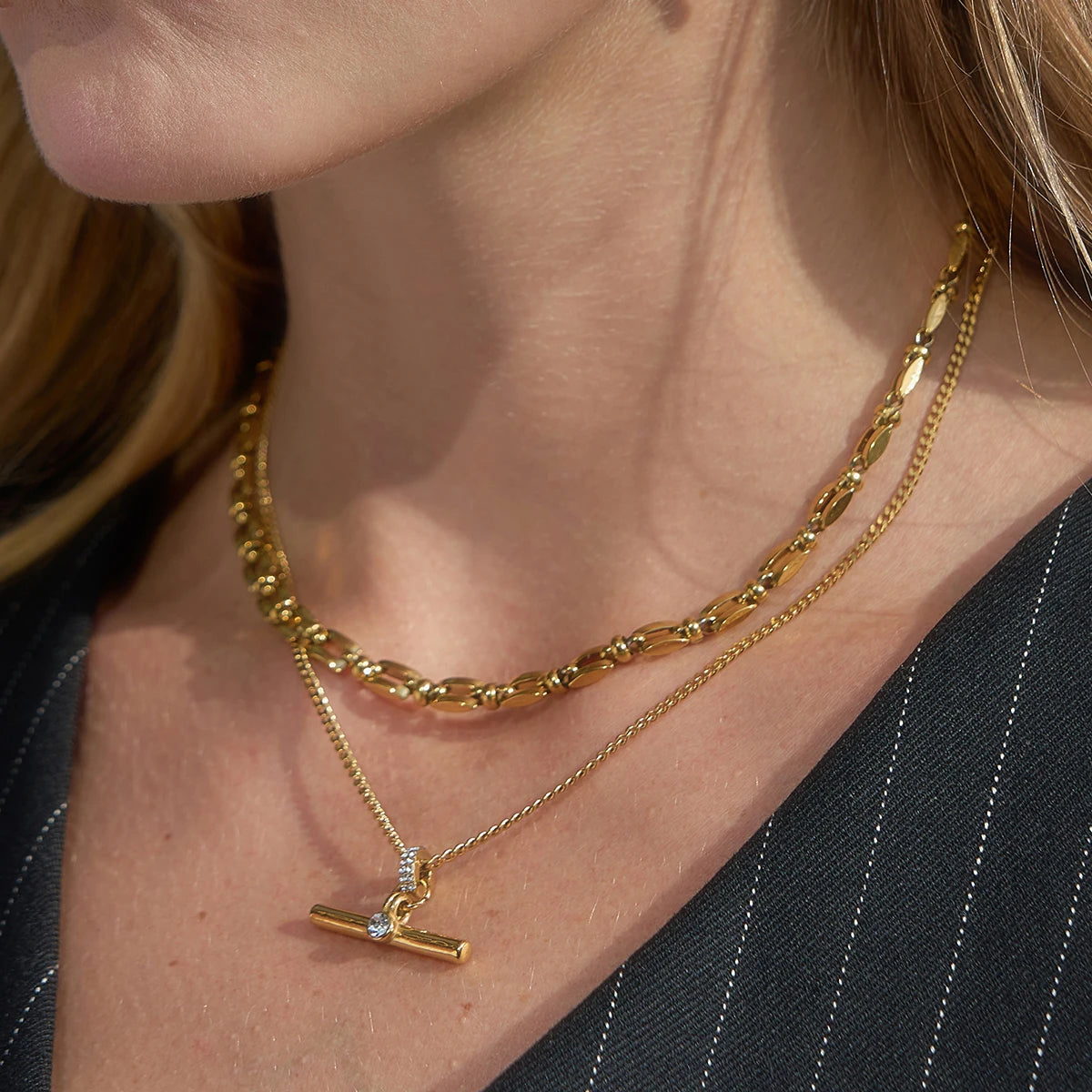 Uworld Delicate Gold Color White Rhinestone T-Bar Pendant Necklace Layered Jewelry For Women 18K PVD Plated Stainless Steel Gift