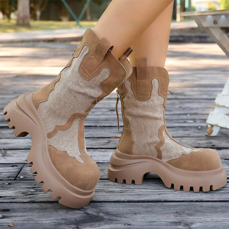 Retro Zipper Up Black Khaki Women's Boots Autumn Winter High Heel Platform Ankle Boots Woman Anti Slip Wedges Botas Mujer