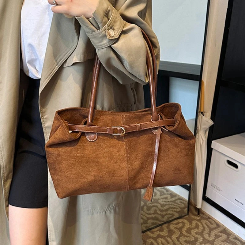 Autumn Winter Women's Suede Underarm Tote Bag Large Capacity Commuter Shopper Shoulder Bag 2026 New Trendy Soft Leather Handbags