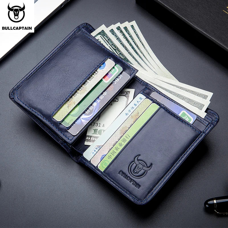 BULLCAPTAIN 2021 New Genuine Leather Man Wallet Small Mini Card Holder Male Purse Pocket RFID Wallet Coin High Quality