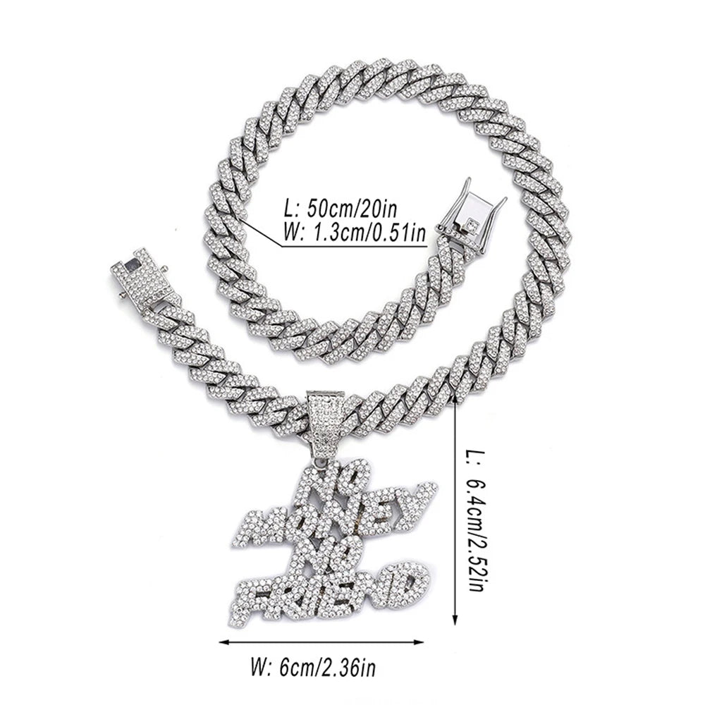 Men Women Hip Hop NO Money No Friend Pendant Necklace with 14mm Cuban Chain HipHop Iced Out Bling Necklaces Fashion Jewelry Gift