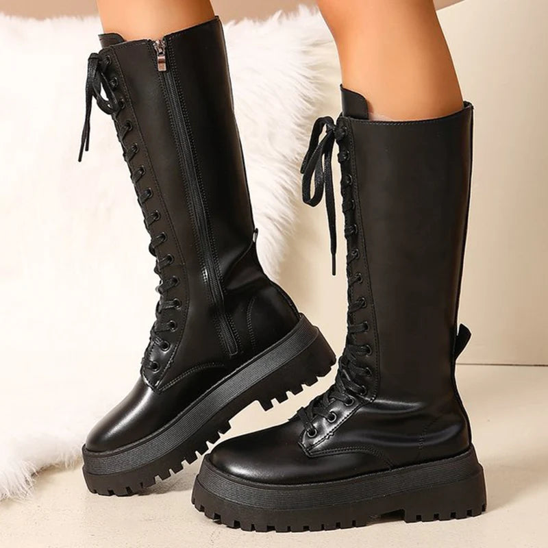 Motorcycle Thick Bottom Boots Women Spring Autumn Punk Zipper Up Knee High Boots Woman Lace Up Black Pu Leather Botas Female