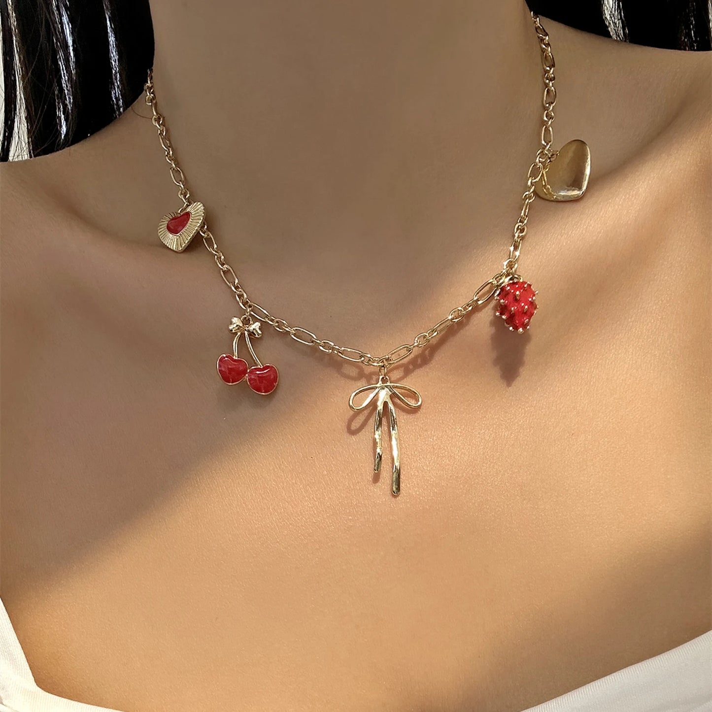 Sweet Charms Heart Cherry Strawberry Bow Multiple Pendant Necklace for Women New Trendy Cute Fruit Choker Chain Y2k Jewelry Gift