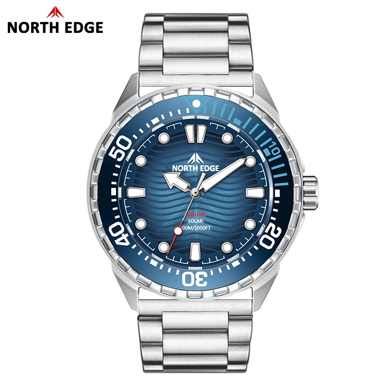 NORTH EDGE TRITON 2025 Solar Dive Watch Men Quartz 316L Steel 300M Waterproof