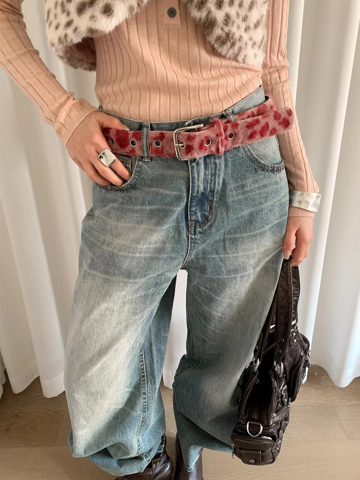 American Sexy Girl Style Pink Leopard Print Belt For Women With Skirt Jeans With Decoration Fluffy Waist Belt