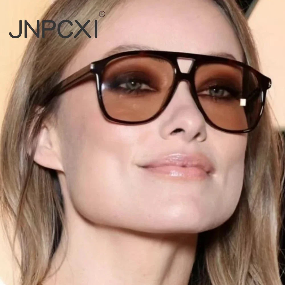 JNPCXI Vintage Double Bridges Pilot Women Sunglasses Fashion Square Black Tea Shades UV400 Men Sun Glasses