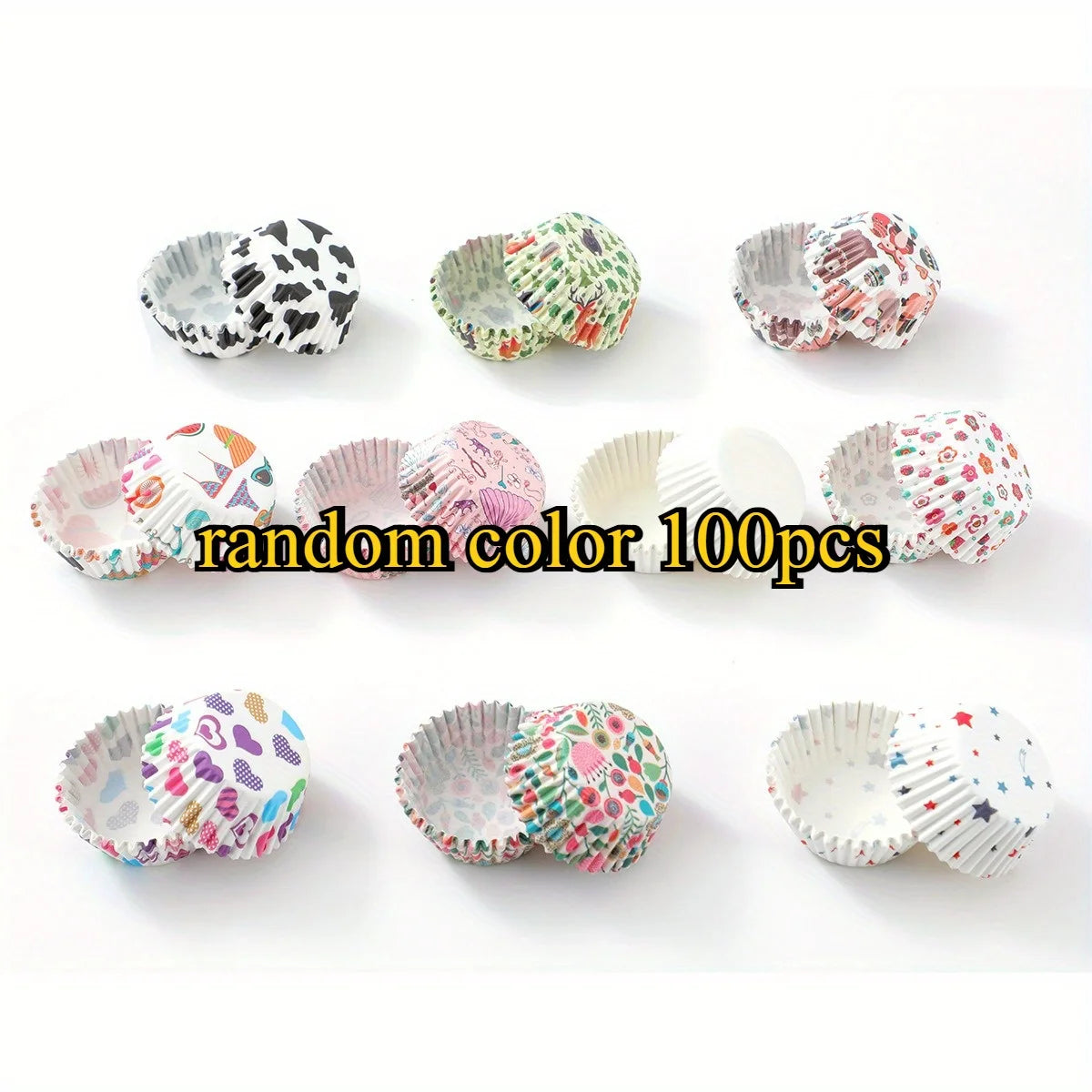100pcs Mini Cake Liner Stand Cake Greaseproof Paper Tray Cupcake Cups, Cute Pattern, for Birthday Party Favors, Baking