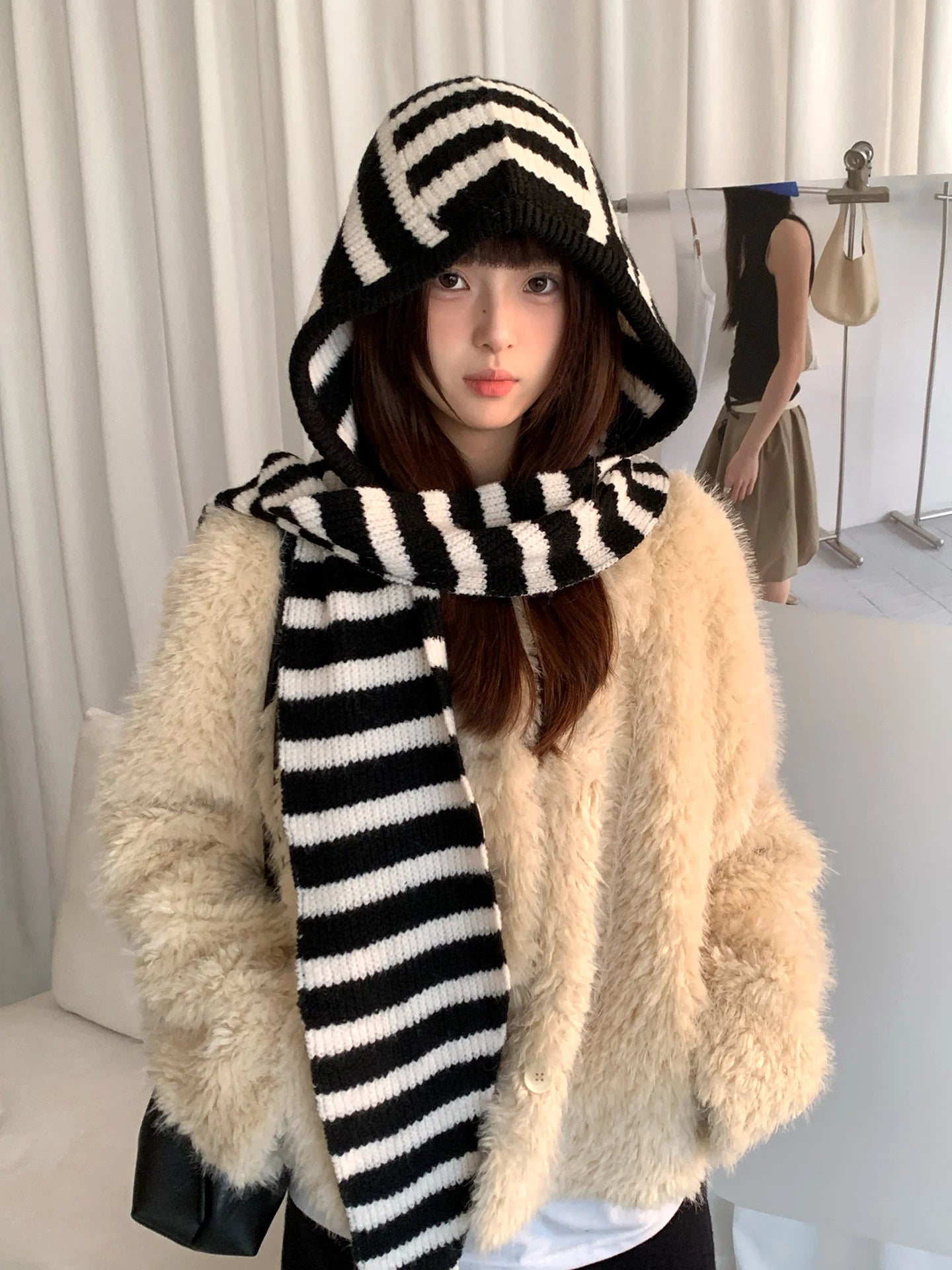 Woolen Korean Style Black And White Striped Knitted Balaclava For Women Winter Warm Ear Protection Hat Scarf One Piece