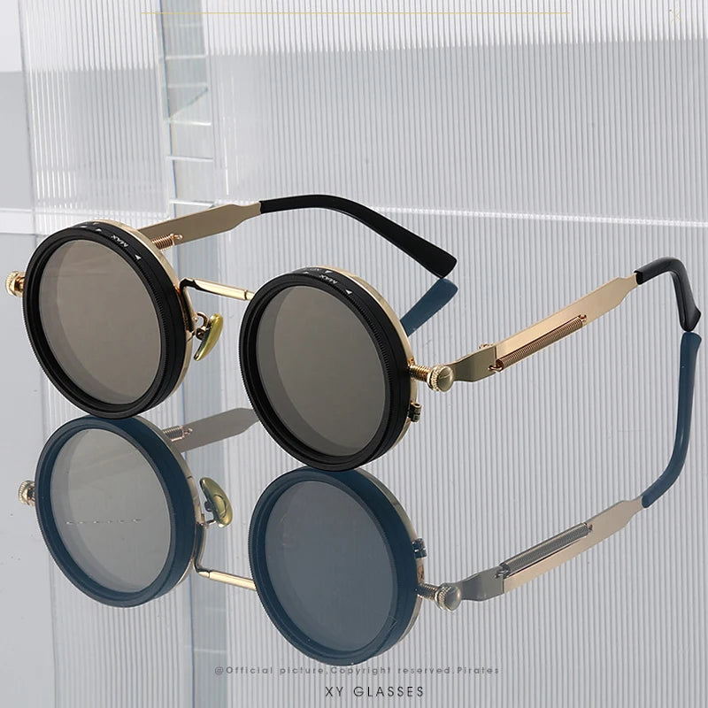 JNPCXI New Vintage Round Punk Men Sunglasses Shades UV400 Fashion Women Adjustable Dimming Outdoor Sun Glasses