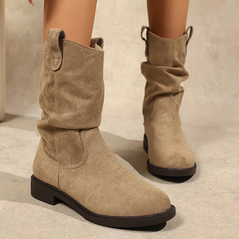 Autumn Winter Low Heel Mid Calf Boots Women 2025 Plus Size Slip On Western Boots Woman Vintage Pleated Design Flock Botas Mujer