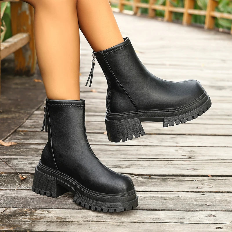 Pu Leather Black Ankle Boots Women Plus Size 42 Back Zipper Platform Boots Woman Streetwear Thick Sole Motorcycle Shoes Female