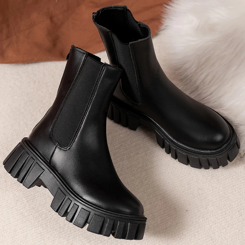 British Style Chunky Platform Ankle Boots Women Plus Size 42 Black Pu Leather Chelsea Boots Woman Zip Thick Sole Short Booties