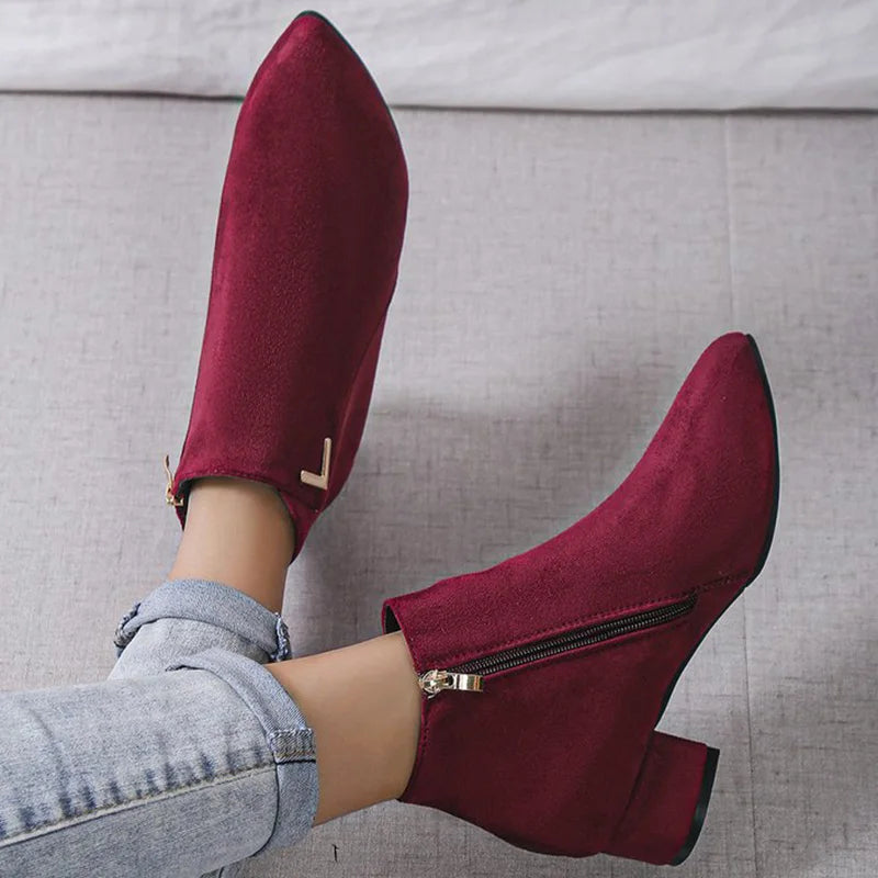 Burgundy Faux Suede Ankle Boots Women Spring Autumn 2025 Classic Metal Decoration Boots Woman Zipper Pointed Toe Botas Mujer