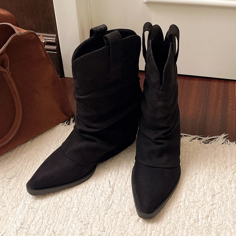 Autumn Winter Faux Suede Mid Calf Boots Women Plus Size Thick Heels Western Boots Woman Slip On Pointed Toe Riding Botas Mujer