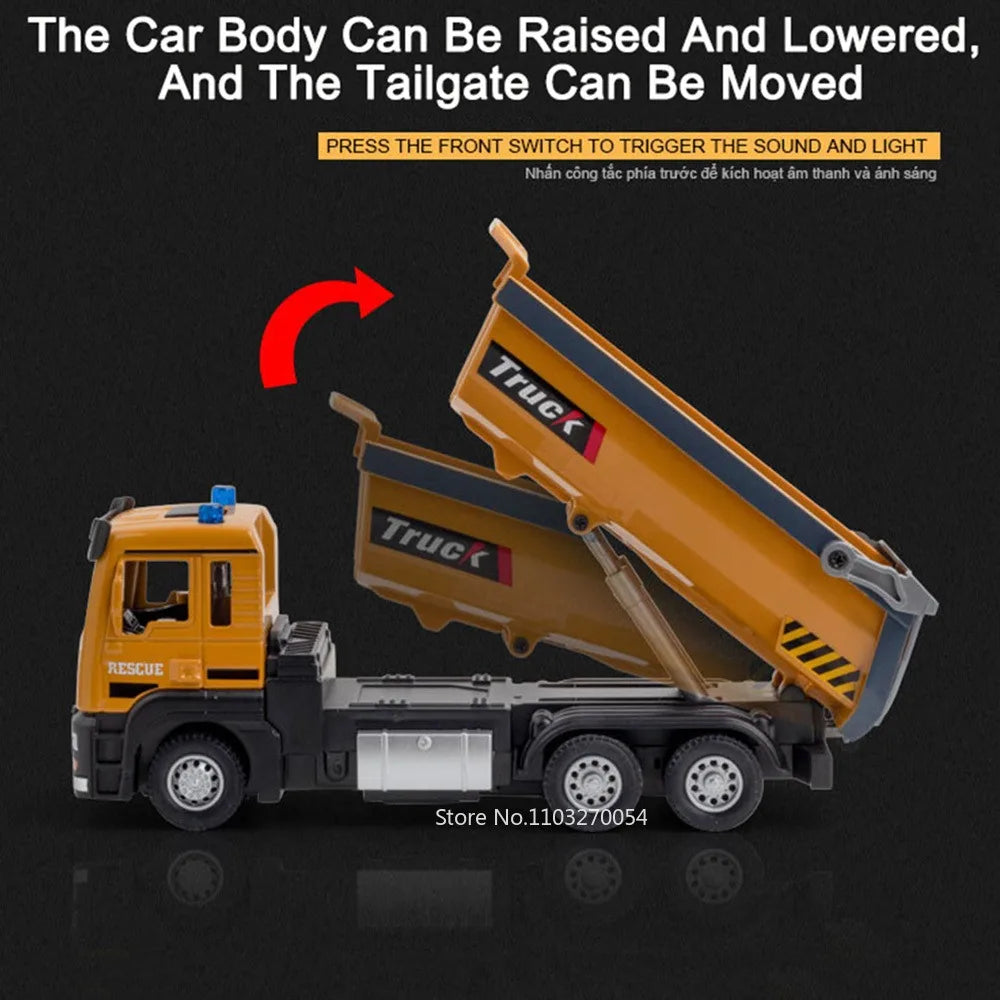 1/32 DUMP TRUCK Model Toys Car Alloy Diecast Engineering Vehicle Metal Body Rubber Tires Sound Light Pull Back Toy Birthday Gift